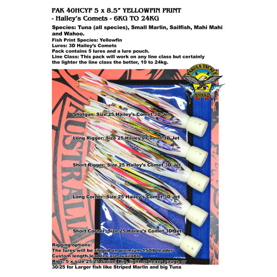 PAK 40HCYF Yellowfin - 5 x Size 25 - 8.5" Hailey's Comets - 8kg to 24kg